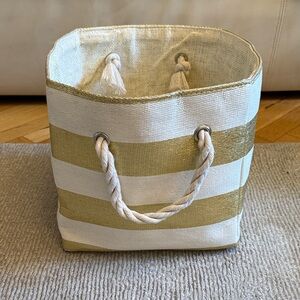 Crate and Barrel Striped Gold and White Rope Handle Basket Storage Bin 11” sq.